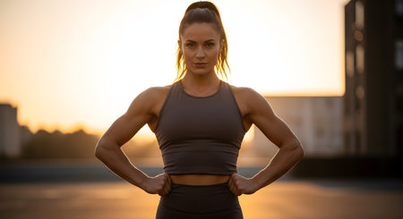 A portrait of a strong, fit woman with athletic muscles posing confidently with hands on her hips against a golden sunset. She is wearing workout attire, looking directly at the camera, embodying strength, fitness, and determination.の素材