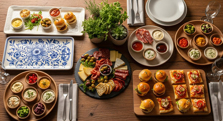 An overhead view of a wooden table laden with a variety of appetizers and tapas. Includes a charcuterie board with meats and cheeses, mini burgers, small pizzas, various dips, olives, and bread.の素材