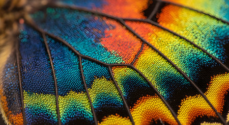 A stunning macro shot reveals the intricate texture and iridescent scales of a butterfly wing. The image features a vibrant gradient of blue, orange, yellow, and black, highlighting the complex natural design and biological detail of the insect.の素材