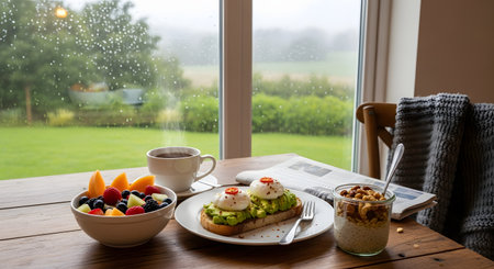 A healthy breakfast is served on a wooden table in front of a window showing a rainy, green landscape. The meal includes avocado toast with poached eggs, a steaming cup of coffee, a bowl of fresh fruit, and a jar of overnight oats. A newspaper and a cozy blanket are nearby, creating a hygge atmosphere.の素材