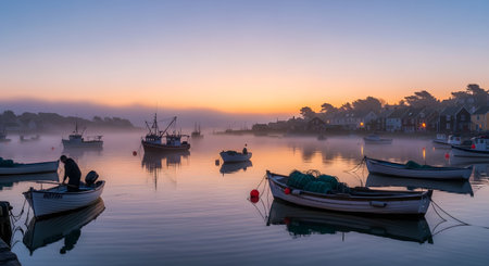 A tranquil fishing harbor at dawn, shrouded in mist. Several small fishing boats are moored in the calm water, which reflects the soft colors of the sky. A fisherman is visible in one boat, and quaint houses line the shore.の素材