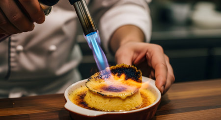 A professional chef uses a culinary torch to caramelize the sugar topping of a creme brulee in a commercial kitchen. The blue flame touches the golden custard dessert, creating a crispy and delicious crust.の素材