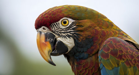 A stunning close-up portrait of a macaw parrot showing its vibrant red, green, and yellow feathers. The bird's sharp eye and curved beak are in focus against a soft, blurred background, capturing the beauty of tropical wildlife.の素材