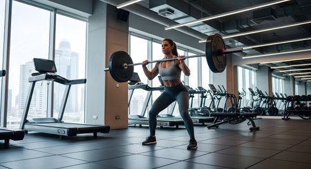 A muscular woman performs a weightlifting exercise with a heavy barbell in a spacious, modern gym with city views. She is in a squat position, focused and determined, highlighting strength training and fitness dedication.の素材