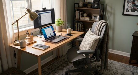 A neat and productive home office setup featuring a laptop connected to an external monitor on a wooden desk. A steaming cup of coffee, a desk lamp, and a potted plant create a cozy and professional remote work environment.の素材