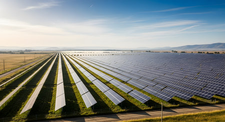 A vast solar farm with long rows of photovoltaic panels stretches across a green field under a clear blue sky. The sun is setting or rising, casting a warm light and long shadows. This image represents renewable energy, sustainability, and green technology.の素材