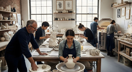A group of people are engaged in a pottery class in a bright, rustic studio. In the foreground, a female student works on a potter's wheel with guidance from an older male instructor, while other students work at tables in the background.の素材