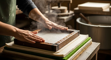 The steaming hands of an artisan press down on a wooden mould and deckle, forming a sheet of handmade paper from wet pulp. The frame rests on a stack of felt in a traditional papermaking workshop.の素材