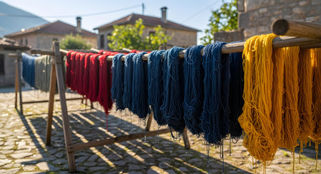 Skeins of freshly dyed yarn in red, blue, and yellow hang drying on a wooden rack in a rustic village setting. The wool fibers are illuminated by sunlight, highlighting the rich pigments and the traditional process of textile preparation.の素材