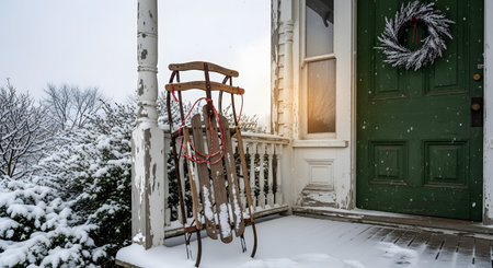 A vintage wooden sled leans against the peeling white paint of a porch during a snowy winter day. A green door adorned with a frosted wreath completes this nostalgic holiday scene, representing classic winter traditions.の素材