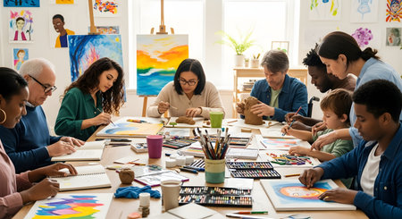 A diverse group of people spanning different generations participates in a creative art workshop, painting on canvases and sculpting with clay. The bright, communal studio atmosphere fosters learning and artistic expression as individuals focus on their projects.の素材