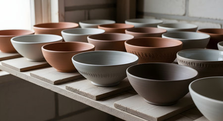 Rows of handcrafted terracotta and stoneware bowls are neatly arranged on wooden shelves in a pottery studio. The unfired clay bowls, in various earthy tones, are drying before being glazed and fired.の素材