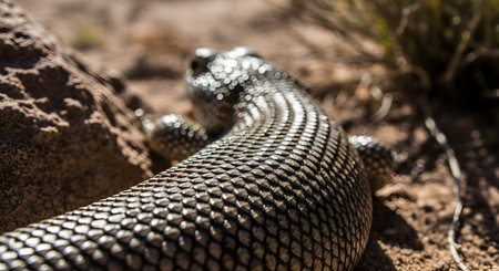 A close-up, macro photograph focusing on the intricate, shimmering scales on the back of a lizard. The reptile is in its natural, dry, sandy desert habitat, with the scales providing camouflage.の素材