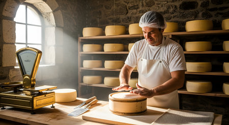 A dedicated cheese maker wearing a white apron presses a fresh wheel of cheese into a wooden mold within a sunlit rustic cellar. The room is lined with wooden shelves filled with aging cheese rounds, highlighting the traditional food production process.の素材