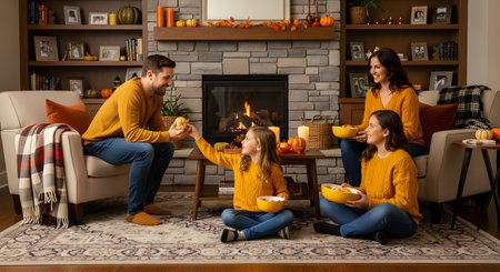 A happy family of four, wearing matching yellow sweaters, relaxes in a cozy living room decorated for autumn. They are sitting around a fireplace, smiling and eating from bowls. The room is decorated with pumpkins and fall leaves.の素材