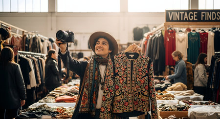 A smiling young content creator wearing a hat holds up an embroidered vintage jacket while filming with a camera in a clothing market. Surrounded by racks of clothes, the scene represents sustainable fashion shopping and social media vlogging.の素材