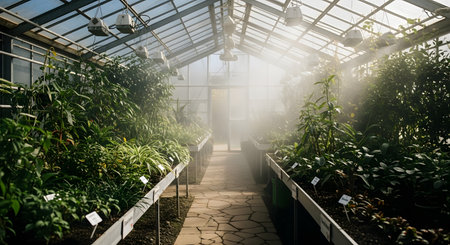 The sunlit interior of a large greenhouse features rows of lush green potted plants on metal shelves. Mist hangs in the air, creating a humid and nurturing environment for horticulture and botanical growth.の素材