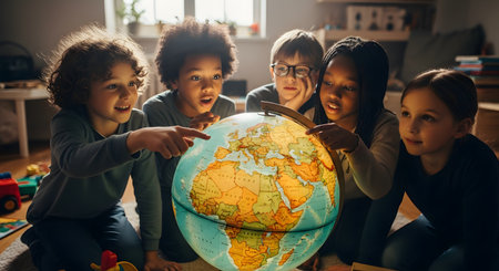 A group of five diverse children gathers around a glowing terrestrial globe, pointing and looking with amazement. Their expressions of curiosity and wonder highlight the importance of education and global awareness.の素材