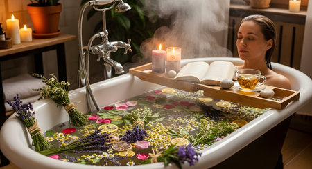 A woman relaxes in a clawfoot bathtub with her eyes closed. The bath is filled with herbs like lavender and chamomile, rose petals, and citrus slices. A wooden tray across the tub holds a steaming cup of tea, an open book, and candles.の素材