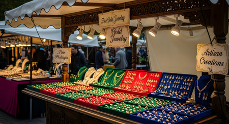 A charming outdoor market stall displays a wide array of gold rings and necklaces under warm evening lights. Signs reading 'Fine Gold Jewelry' and 'Artisan Creations' invite customers to browse the elegant collection.の素材