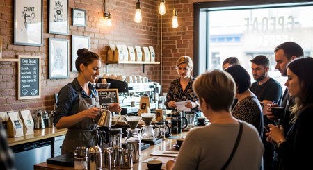 A smiling female barista pours hot water from a gooseneck kettle over coffee grounds at a busy cafe counter. Customers wait and watch the brewing process in a cozy coffee shop with exposed brick walls and warm lighting.の素材