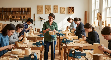 A group of focused students works at wooden workbenches in a bright studio, carving detailed sculptures using chisels and mallets under the guidance of an instructor. The scene captures creativity, craftsmanship, and hands-on learning in an art class.の素材