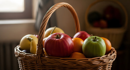 A close-up shot of a rustic wicker basket filled with a variety of fresh fruits, including red and green apples and oranges. The basket sits on a surface indoors, with soft light from a window in the blurred background, creating a still-life composition.の素材