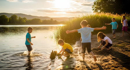A group of young children are playing joyfully on the sandy bank of a river at sunset. One child builds a sandcastle at the water's edge, while others splash, run, and play with arms outstretched, all silhouetted against the warm, golden light.の素材