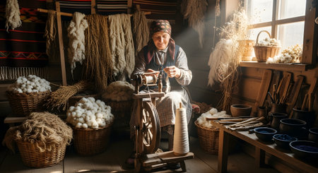 An elderly woman dressed in traditional clothing sits at a wooden spinning wheel, crafting yarn from raw wool in a rustic, sunlit room. Surrounded by baskets of cotton and wool, the scene evokes a sense of heritage, craftsmanship, and historical lifestyle.の素材