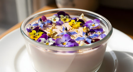 A luxurious dessert bowl filled with a pink cream is elegantly topped with edible purple and yellow pansies and flecks of gold leaf. Sunlight highlights the delicate textures of this gourmet creation.の素材