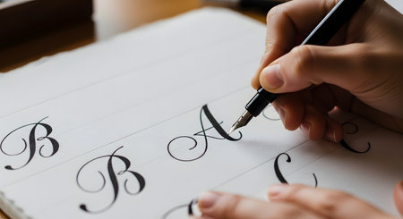 A close-up shot captures a hand holding a fountain pen, carefully writing elegant calligraphy letters on lined paper. The focus is on the nib and the flowing ink, highlighting the art of handwriting and penmanship.の素材