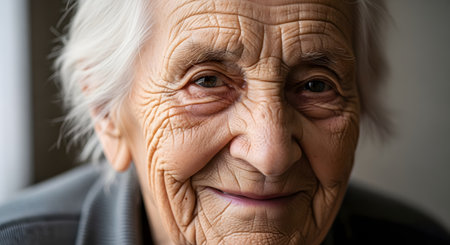 An extreme close-up portrait of a kind-faced elderly woman with white hair and many wrinkles. She is looking at the camera with a gentle, content smile, her eyes full of wisdom and life experience, representing aging, grace, and seniority.の素材