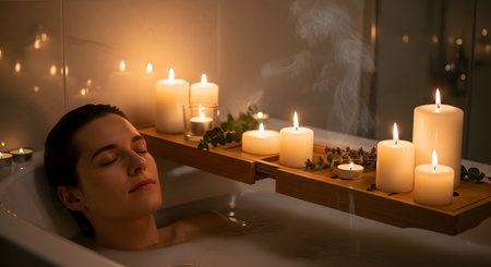 A young woman relaxes with her eyes closed in a warm bubble bath surrounded by glowing candles. The spa-like setting promotes wellness, self-care, and tranquility.の素材