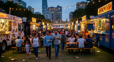 A bustling outdoor food truck festival at dusk, with crowds of people walking, eating, and socializing. The scene is illuminated by string lights, and various food trucks line the grassy park, with a city skyline visible in the background.の素材