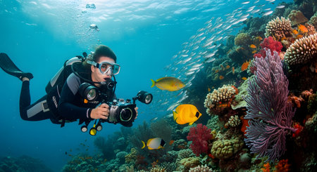 A scuba diver, equipped with a large underwater camera and lighting rig, swims gracefully near a vibrant and colorful coral reef. A school of small fish swims by, along with other tropical fish, capturing the beauty of marine life and the hobby of underwater photography.の素材
