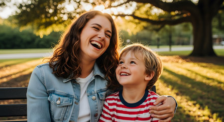 A joyful young woman and a little boy, likely a mother and son, are sitting on a park bench, laughing heartily together. The golden hour sunlight streams through the trees behind them, creating a warm and loving portrait of family, happiness, and bonding.の素材