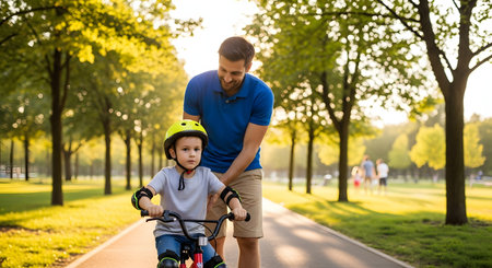 A smiling father helps his young son, who is wearing a helmet and elbow pads, learn to ride a bicycle in a sunny green park. The father holds onto the bike to balance it as the boy learns on a paved path lined with trees.の素材