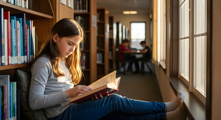 A young girl sits comfortably on the floor of a library, leaning against a bookshelf as she reads a book with concentration. Bright sunlight streams in from a large window next to her, illuminating the scene.の素材