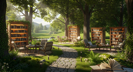 A magical outdoor library set in a lush green forest clearing, featuring wooden bookshelves filled with books and comfortable seating areas. Sunlight streams through the trees, illuminating this peaceful sanctuary for reading and relaxation.の素材