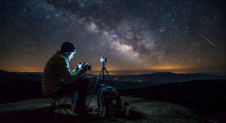 A photographer sits on a mountain peak at night, adjusting his camera on a tripod to capture the stunning Milky Way galaxy. The starry sky is filled with stars and a shooting star, above a dark, silhouetted landscape.の素材