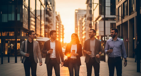 A group of five happy, well-dressed young professionals walk together down a modern city street, backlit by the golden light of sunset. They are laughing, talking, and holding coffee cups, showing team camaraderie and a positive work-life balance.の素材