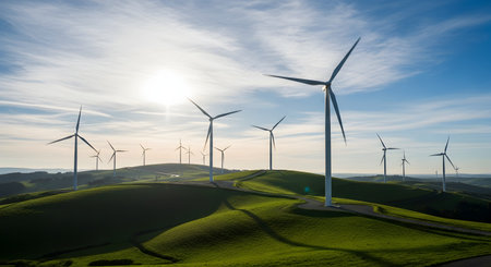 Majestic white wind turbines stand on rolling green hills under a bright sunny sky, generating clean renewable energy. The landscape highlights the harmony between sustainable technology and the natural environment.の素材