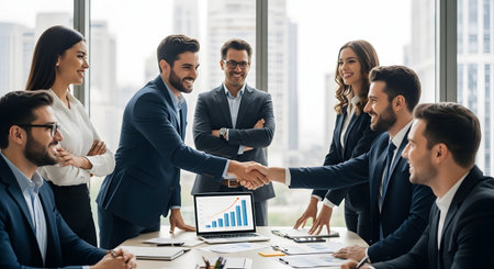 Two smiling businessmen shake hands across a meeting table, celebrating a successful deal or partnership. Colleagues applaud and smile in the background of a modern glass-walled office with a city skyline view.の素材