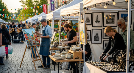A bustling outdoor art and craft fair on a cobblestone street, with various stalls set up under white tents. An artist is painting on an easel, another sells pottery, and shoppers browse jewelry and framed art.の素材