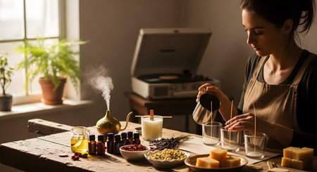A creative woman pours hot wax from a metal pitcher into glass jars during a candle-making process. Surrounded by essential oils, wicks, and dried flowers, she focuses on her DIY craft in a rustic workshop setting.の素材