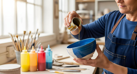 A close-up of a female potter's hands pouring a liquid glaze into a handmade blue and white ceramic bowl. The scene takes place in a bright pottery studio, with colorful glaze bottles and tools visible on the workbench in the background.の素材