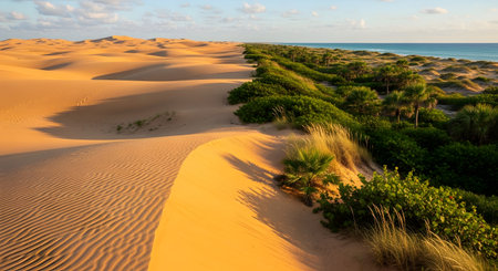 A stunning landscape shows the contrast between golden, wind-rippled sand dunes and a lush, green barrier of coastal vegetation and palm trees. The beautiful blue ocean is visible on the horizon under a light sky.の素材