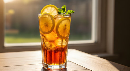 A tall glass of iced tea garnished with lemon slices and mint sits on a wooden table, backlit by warm sunlight. Condensation on the glass emphasizes the cold, refreshing nature of the summer beverage.の素材