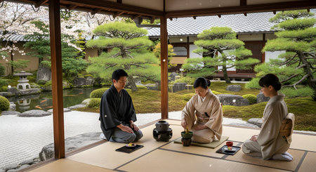 Three people in traditional kimonos participate in a Japanese tea ceremony on a tatami mat platform overlooking a serene zen garden. A woman whisks matcha tea, while a man and another woman sit respectfully, surrounded by bonsai trees, a koi pond, and raked sand.の素材