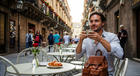 A handsome, smiling man with a brown leather backpack sits at an outdoor cafe on a European cobblestone street. He is drinking a cup of coffee, with a croissant on the table, and looking thoughtfully into the distance.の素材
